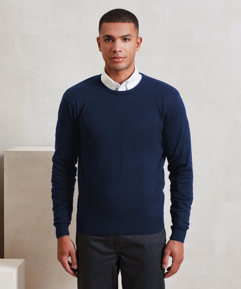 Crew neck cotton-rich knitted sweater